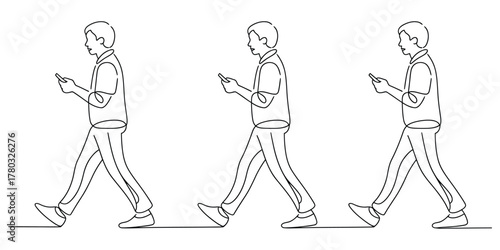 Single line drawing of men walking and staring at smartphones