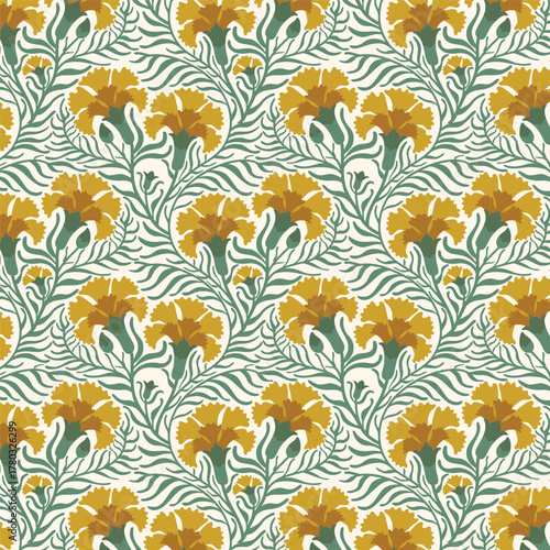 flowers with undulating mint green and blue stems, creating a rhythmic and organic design perfect for textiles, fine art prints, or vintage-inspired branding.