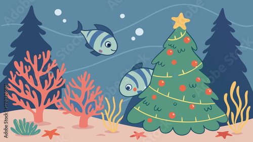 Underwater Christmas scene with festive tree and fish illustration