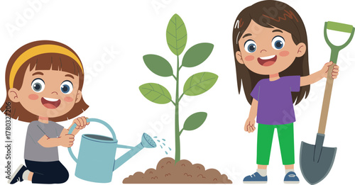 Children gardening together, teamwork in nature, watering plants, eco-friendly kids activity, shovel and watering can, educational outdoor fun, green lifestyle