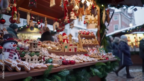Festive Christmas Market Stall With Snowman Gingerbread Cookies And Seasonal Decorations In Soft Light Outdoor Scene