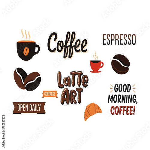 Modern Coffee & Pastry Vector Collection: Espresso, Latte Art, 'Good Morning, Coffee!', 'Open Daily' Quotes with Cups, Beans, and Croissant Illustrations for Cafe branding & Menu design