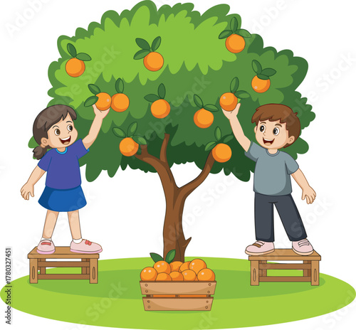 Children harvesting oranges, cartoon fruit picking scene, orange tree illustration, happy kids farming, wooden crate, basket, ripe citrus, outdoor garden