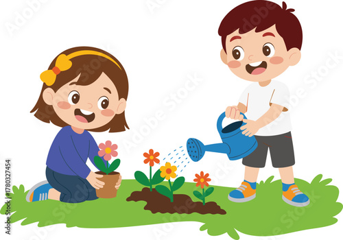 Children gardening, teamwork, nature care, planting flowers, outdoor activity, kids in garden, watering plants, springtime, eco-friendly, educational, green lifestyle, soil, potted plant, flower bed