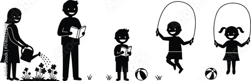 Children playing, reading books, jumping rope, watering flowers, outdoor activity, family fun, healthy lifestyle, garden scene, education, teamwork, joy