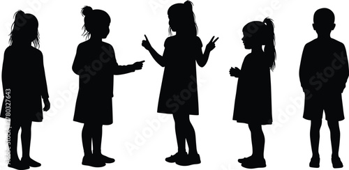 Children silhouette illustration, diverse kid poses, black and white vector, standing children clipart, posture study, educational design element