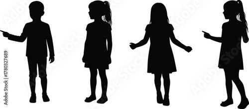 Children silhouette illustration, kids standing pose, pointing gesture, ponytail girl, boy silhouette, black outline, white background, nonverbal communication, vector art