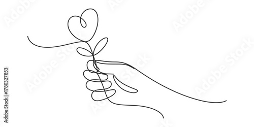 Continuous line drawing of a hand holding a heart-shaped bloom