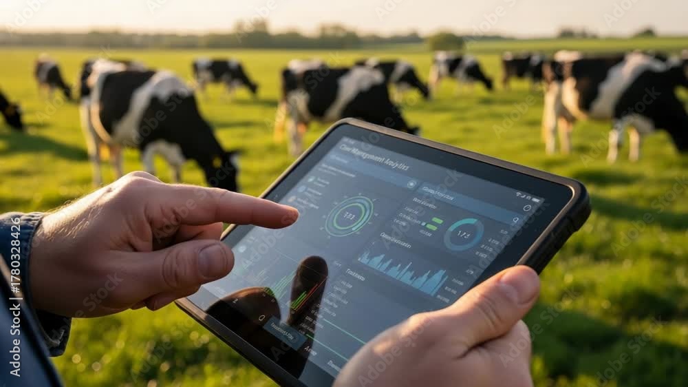 Farmer using tablet for cow management analytics on a farm with grazing ...