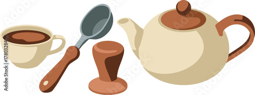 Coffee Pot, Cup, Spoon, and Tamper on a White Background beverage drink