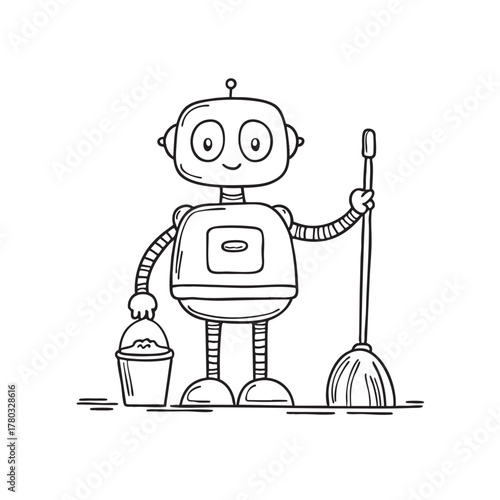 Service robot carrying a mop and a bucket for cleaning