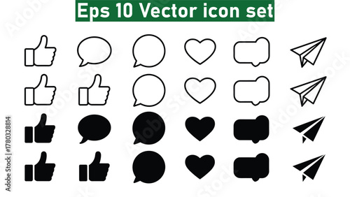 Social media icons set thumbs up speech bubble heart paper airplane like outline icons pack. Vector illustration eps10