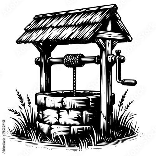 Rustic well sketch vector illustration with transparent background 