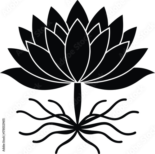 Lotus flower with multiple petals and roots, black vector on transparent background
