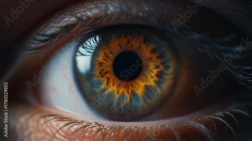 Extreme macro close-up of a human eye with a rich brown iris blinking once and the pupil dilating rapidly to fill the frame, transitioning to black.