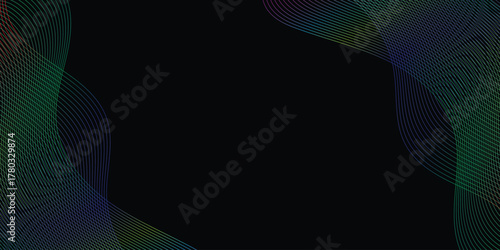 Abstract dark background with soft colorful wave lines forming smooth flowing motion. Gradient neon curves blend elegantly with black texture. Modern minimalist digital art wallpaper design.
