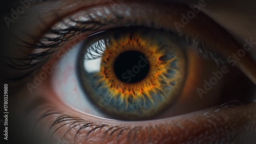 Extreme macro close-up of a human eye with a rich brown iris blinking once and the pupil dilating rapidly to fill the frame, transitioning to black.