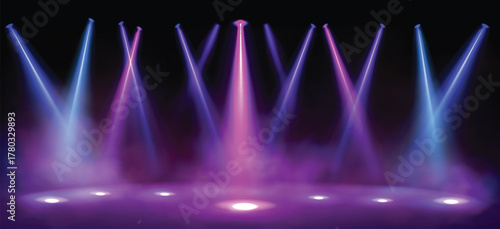 A dark stage illuminated by multiple spotlights creating a dramatic display of intersecting blue and pink light beams.