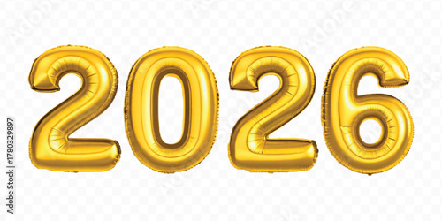 realistic 3d 2026 typography made by with different color foil balloons isolated on transparent background