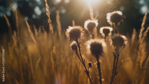 Golden hour close-up of dry thistles and wild grasses swaying gently in the warm autumn sunlight against a soft, bright background.