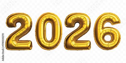 realistic 3d 2026 typography made by with different color foil balloons isolated on transparent background