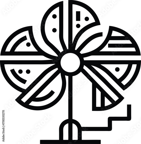 Abstract pinwheel design with divided sections and intricate patterns