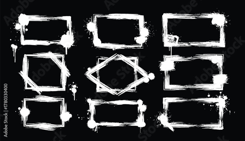 Mega bundle of different ink brush strokes:rectangle,square and round freehand drawings.Ink splatters,grungy painted lines,artistic design elements:waves,circles,triangles.