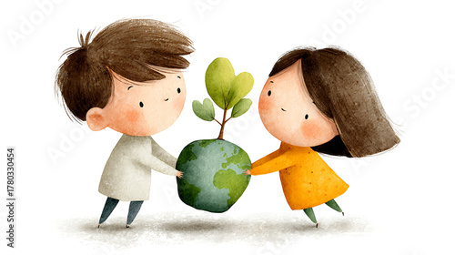 Illustration of a boy and girl planting a tree together, representing teamwork, unity, and shared care for the planet.