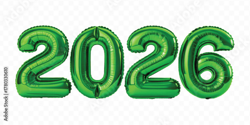 realistic 3d 2026 typography made by with different color foil balloons isolated on transparent background