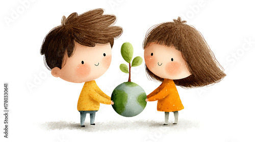 Illustration of a boy and girl planting a tree together, representing teamwork, unity, and shared care for the planet.