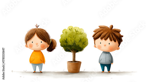 Illustration of a boy and girl planting a tree together, representing teamwork, unity, and shared care for the planet.