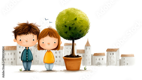 Illustration of a boy and girl planting a tree together, representing teamwork, unity, and shared care for the planet.