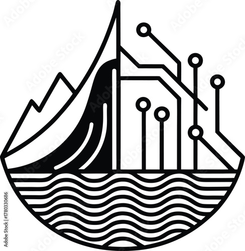 Mountain river landscape with technological connections digital nature concept