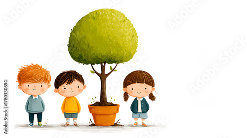 Illustration of a boy and girl planting a tree together, representing teamwork, unity, and shared care for the planet.