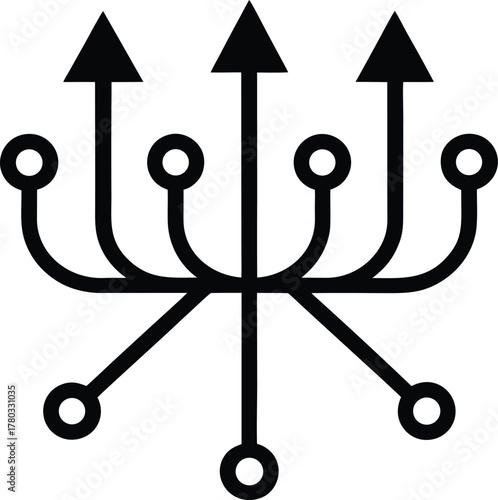 Abstract network symbol with upward arrows, branching connections, data flow