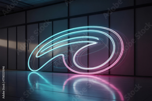 Modern abstract neon sculpture glowing pink and blue in a dark industrial space perfect for technology or innovation branding, bold and futuristic design element