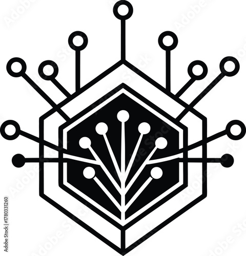 Abstract hexagonal structure with internal radiating lines and circular nodes