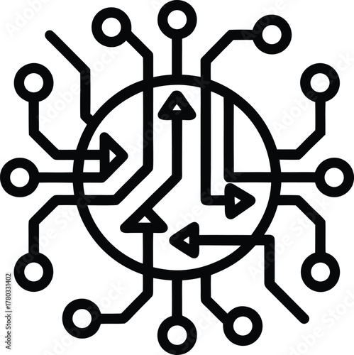 Circuit board with data flow arrows showing information processing direction