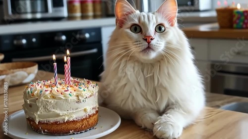 Birthday celebration with fluffy cat and colorful cake at home