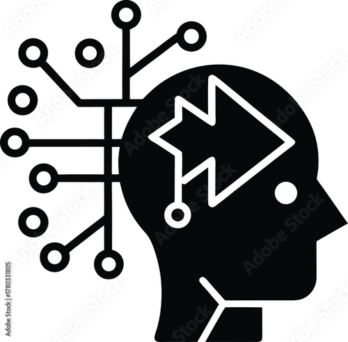 Artificial intelligence brain with data connections and internal forward arrows