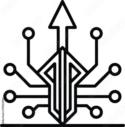 Central upward arrow with branching connections representing growth and network