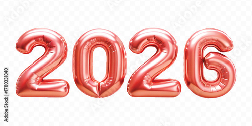 realistic 3d 2026 typography made by with different color foil balloons isolated on transparent background