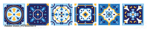 Ceramic majolica tiles in navy blue and yellow colors. Italian patterns set, Portuguese ornaments. Patchwork elements. Kitchen, floor mosaic. Vector illustration.