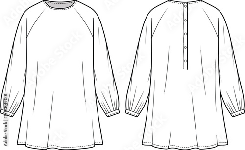 Fashion tunic illustration, technical garment sketch, long sleeve top design, raglan sleeve blouse, back button placket, elastic cuff detail