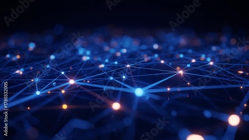 Dark abstract background of illuminated network connections and flowing digital data points in a futuristic setting
