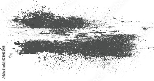 Dark grey textured abstract paint splatter and brush stroke on white background black charcoal