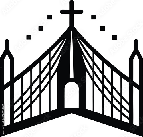 Black dark gothic bridge with a cross, a creepy structure, a scary gate