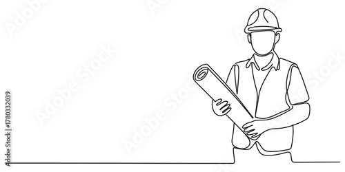 Continuous line drawing of engineer with blueprints, planning