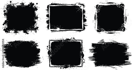 Mega bundle of different ink brush strokes:rectangle,square and round freehand drawings.Ink splatters,grungy painted lines,artistic design elements:waves,circles,triangles.