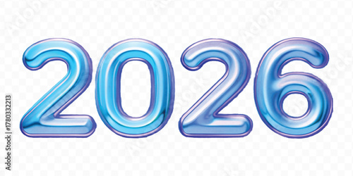 realistic 3d 2026 typography made by with different color foil balloons isolated on transparent background